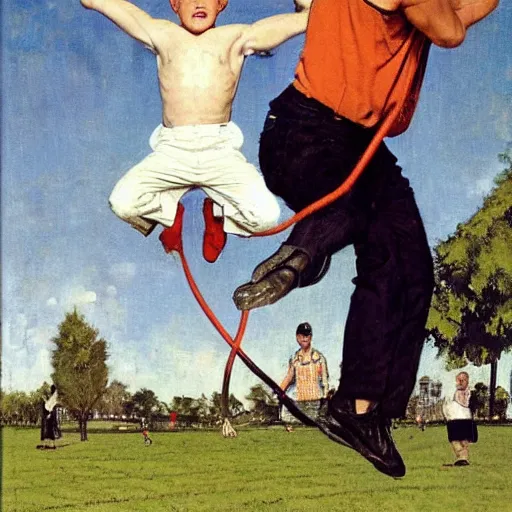 Image similar to benjamin netanyahu jumping a skip rope in a public park by norman rockwell