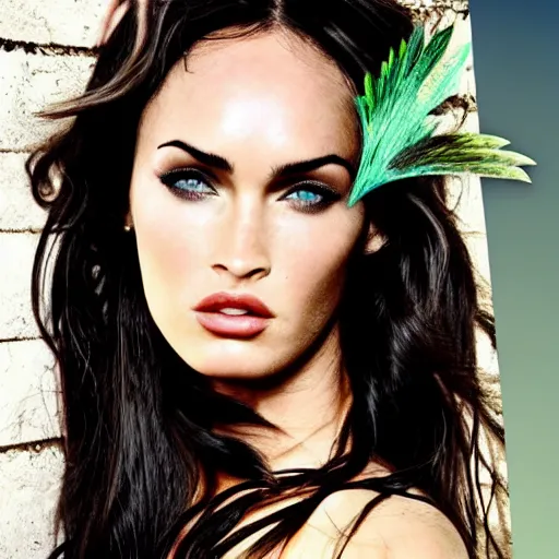 Prompt: beautiful greek goddess warrior queen, megan fox, photo illustrations, blue mohawk, green eyes, voluptuous, mobeus, gustavo dore