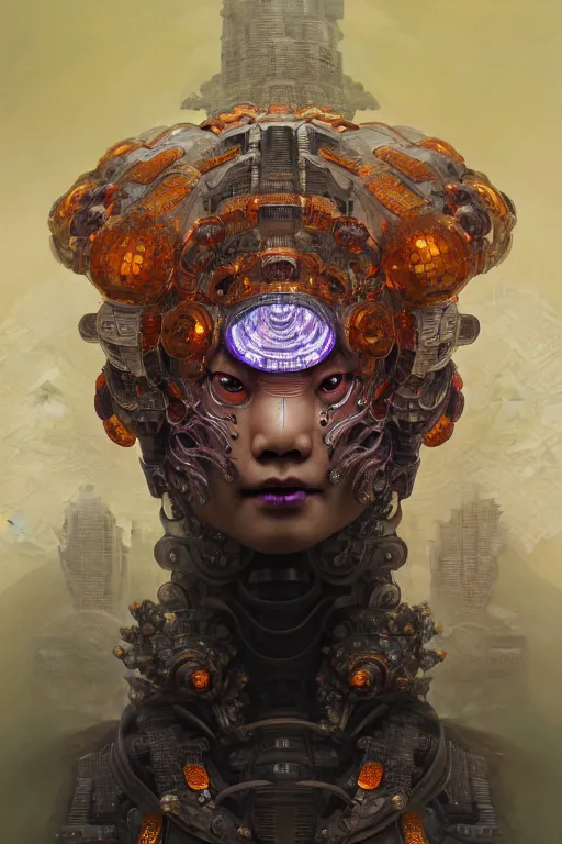 Image similar to asura from chinese myth, ghost, gorgeous and huge head ornaments, dystopian, cyberpunk, organic fractal mycelum and fungi, mecha, halfturn portrait of a big crystal face made of crystals half - turn, ominous, intricate, studio, art by anthony macbain + greg rutkowski + alphonse mucha, concept art, 4 k, sharp focus