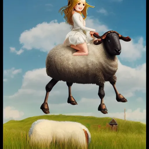 Prompt: girl riding a giant sheep in a field, trending on artstation