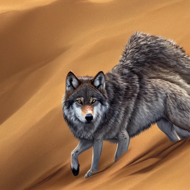 Prompt: Majestic wolf in a sand dune on the heath. Rough brushstrokes. Beautiful detailed scene. Interesting natural colour scheme. Beautiful digital painting by Lurid (2022)