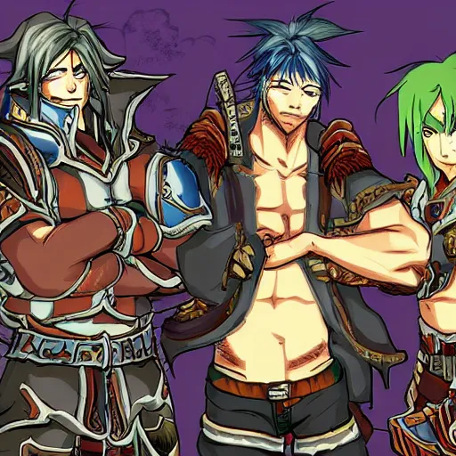 Image similar to anime style warcraft 3 characters drinking beer in postapocalyptic bar, arthas, nerzul, archimond, ktun, nzoth