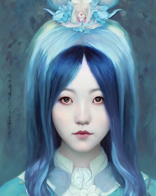 Image similar to symmetrical portrait of a pretty korean girl with blue hair dressed as alice in wonderland, digital painting, 8 k, concept art, art by wlop, artgerm, greg rutkowski and alphonse mucha