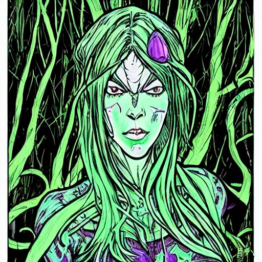 Prompt: character art of evil druidess | dynamic pose | by Junji Ito | blighted forest | comic book style | realistic face and body | beautiful detailed young face | pulp adventure heroine | green and purple vivid | thick line art