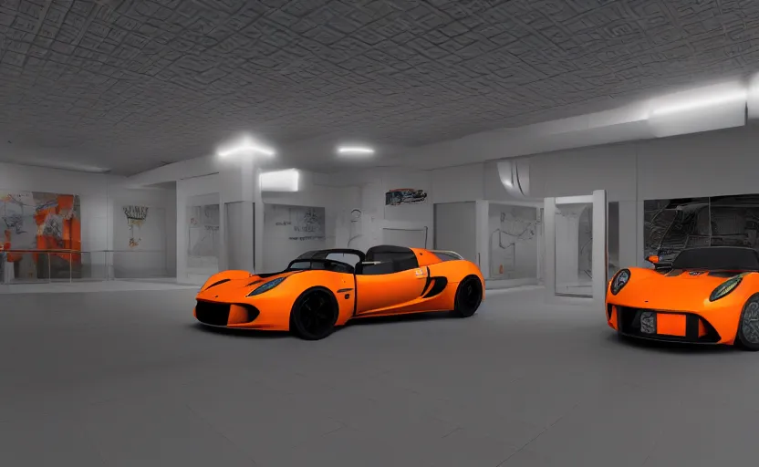 Image similar to futuristic lotus exige ( ( orange ) ) parked within interior view of futuristic auto showroom ( ( frank lloyd wright ) ) luminescent concept art, unreal engine 5, artstation highly detailed, digital art, 8 k hdr, soft lighting, hyperrealistic, godrays