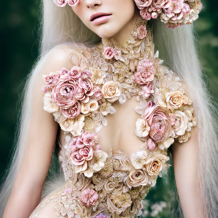 Image similar to photo portrait of a beautiful woman dressed in long elegant intricate ornamental ethereal floral dress, natural skin tone, highly detailed realistic flowers ornament in the upper side of breast, bust with a long beautiful neck , long blond hair are intricate with highly detailed realistic flowers, elegant, Realistic, Refined, Highly Detailed, natural outdoor soft pastel lighting colors scheme, outdoor fine art photography by la Chapelle, volumetric lighting, hyper realistic photography