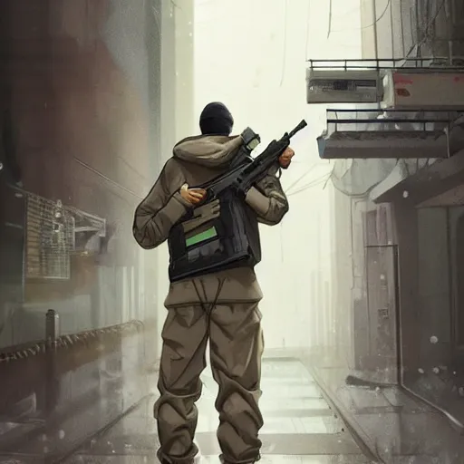 Image similar to A broad shouldered, muscular man wearing Acronym p-31 Ds pants and beige-earth Parka jacket and Nike Acronym presto sneakers, AWP sniper rifle slinging on back trending on r/techwearclothing, high quality, digital art, dirty cyberpunk city, rain, greg rutkowski