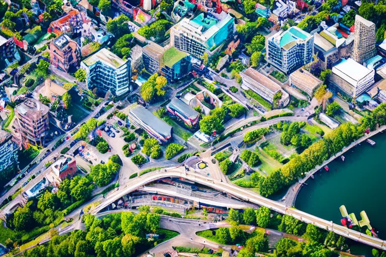 Image similar to bird's eye view photography of a small city. town hall, central farm, monorail station, beach and harbor. hills, woods and lake to the north.