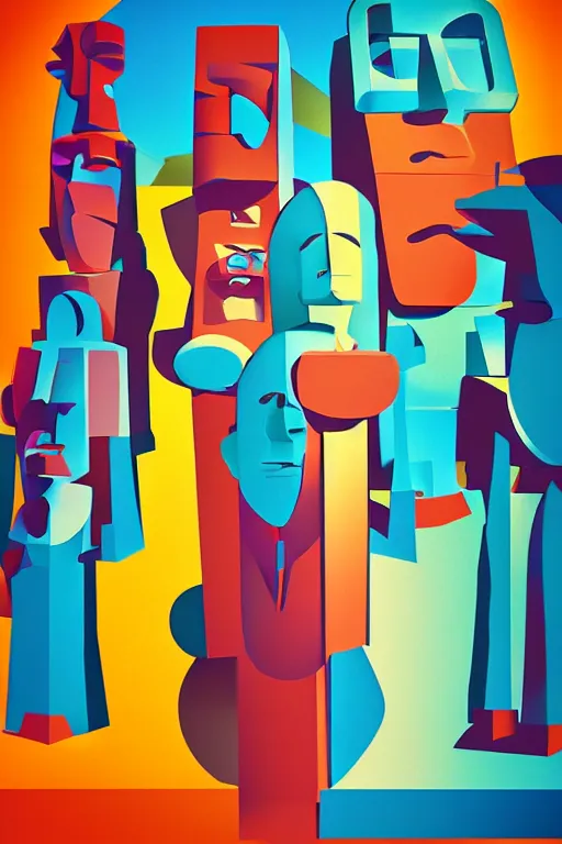 Image similar to cubist moai statue cutout digital illustration cartoon colorful beeple