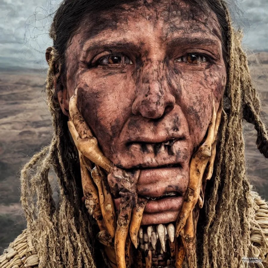 Image similar to extremely detailed award winning national geographic face portrait photography uncut centered and realistic from ancient mayan elder shaman warrior with terrifying face tattoos and heavy bone piercings . 64megapixel. 4k 8k. Photorealistic artwork. Influenced by the movie apocalypto. Landscape background what is slightly blurry and windy.