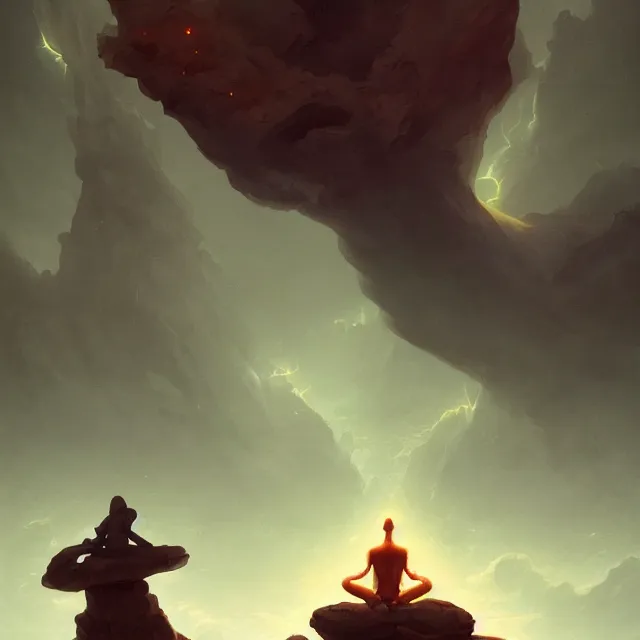 Image similar to in the style of peter mohrbacher, a glowing monk floating and meditating on a rock, dystopian landscape, intricate, masterpiece, award winning, fantasy, hyperrealism intricate