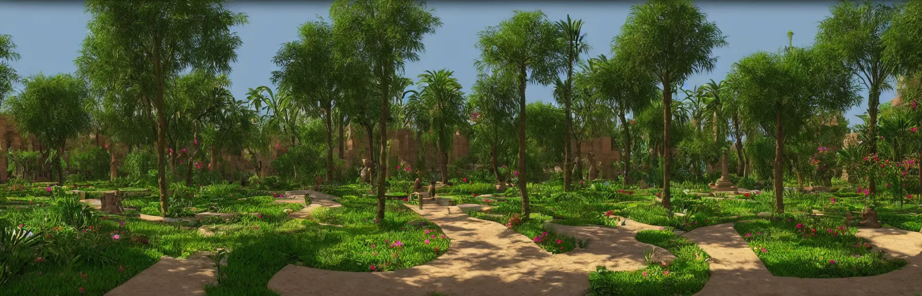 Prompt: A beautiful garden in the ancient city of Babylon; very detailed, by Paul Gauguin, Moebius; artstation, unreal engine 5