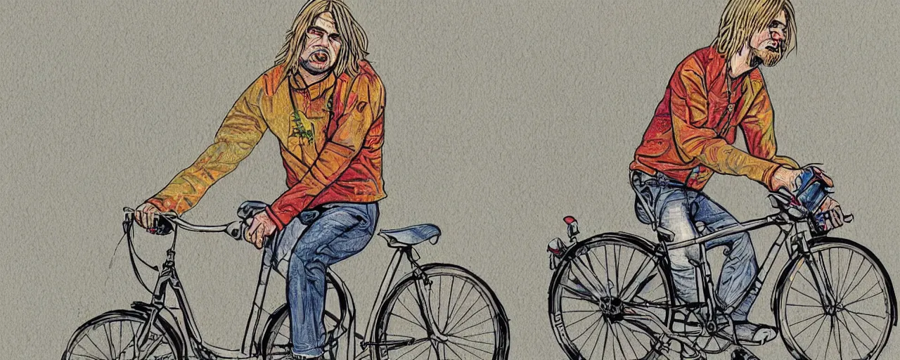 Image similar to beautiful detailed comic illustration of Kurt Cobain on a bicycle on a bicycle, colored