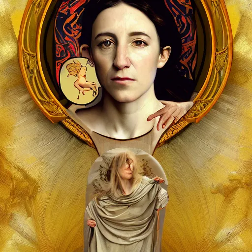 Image similar to portrait of charlotte gainsbourg as joan of arc, hyperreal digital painting, iconography influenced by alphonse mucha and eugene delacroix, arstation and deviantart trends, high resolution 8 k