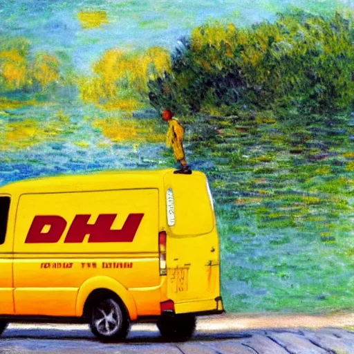 Prompt: DHL yellow DHL van and the lake, with a sitting man in orange shirt painting by Monet