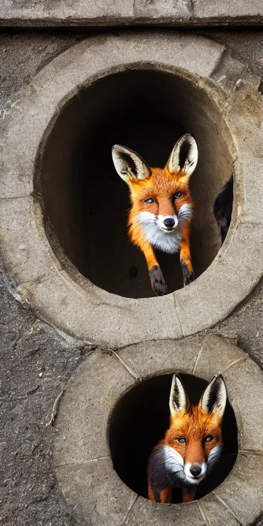 Prompt: a fox is hidden inside a manhole trying to jump out meanwhile a curious goat is looking at him from the exterior, 4k photography flash