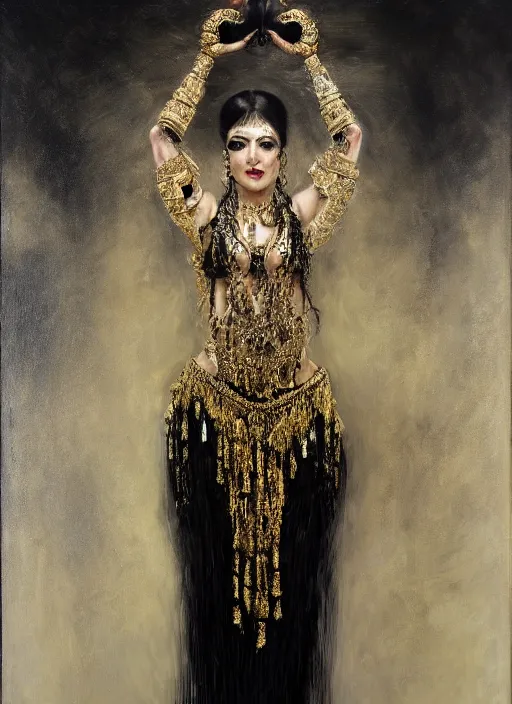 Image similar to highly detailed oil painting | very intricate | cinematic lighting | black, white and gold color scheme, dark background | tribalfusion bellydancer fully dressed by alexander mcqueen | by roberto ferri, by tom bagshaw, by singer sargent and klimt, american romanticism, occult art | by austin osman spare, artstation, cgsociety, official art, octane