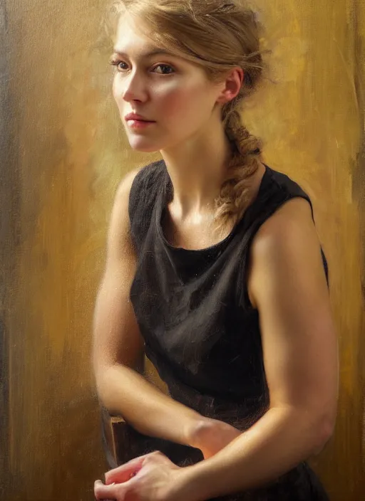 Prompt: painting of a gorgeous young woman in the style of Helene Knoop, realistic, sharp focus, 8k high definition, insanely detailed, intricate, elegant, art by Helene Knoop and Cecily Brown