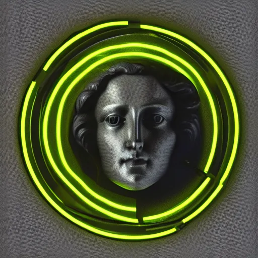 Image similar to a neon circle surrounding the head of a renaissance statue, 3 d render