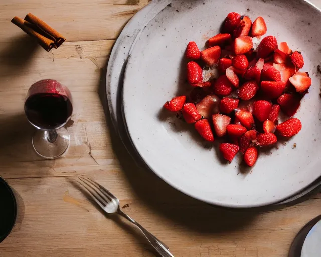 Prompt: 8 5 mm food photography of a plate of cinnamon with strawberries at a restaurant with dof and bokeh and wine glasses o