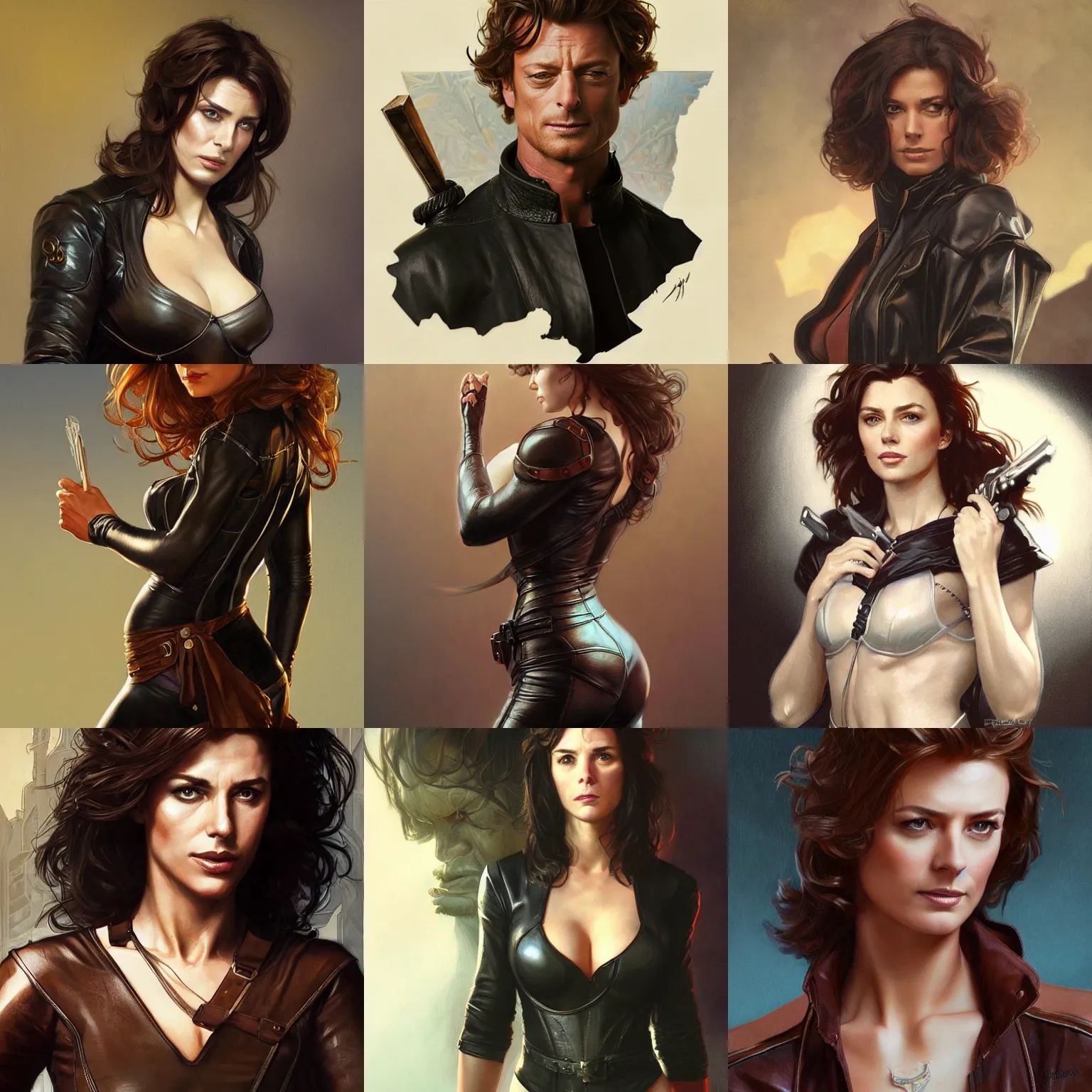 Prompt: your mom in leather, sly expression, brunette, young simon baker, D&D, fantasy, portrait, highly detailed, digital painting, artstation, concept art, sharp focus, illustration, art by artgerm and greg rutkowski and alphonse mucha