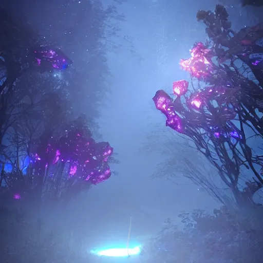 Image similar to one glowing crystalized in the dark rose forest with a rose path that has glowing ovules and lava crystallized ginger by blizzard style artstation trending, magical light fog, night time, low light, volumetric lighting, ue 4, zbrush, marmoset toolbag