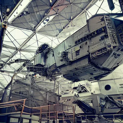 Prompt: “in the hangar of a space station looking up at an immense transport frigate space cruiser with graffiti on its side. Several robots are working on the docked spaceship.”