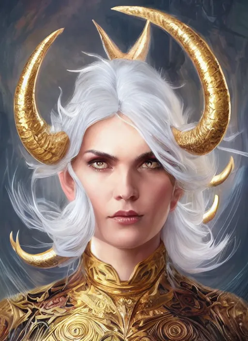 Image similar to fullbody!! dynamic action pose, beautiful woman with white hair, big natural horns on her head, gold jewellery, dnd, face, fantasy, intricate, elegant, highly detailed, digital painting, artstation, concept art, smooth, sharp focus, illustration, art by artgerm and greg rutkowski and alphonse mucha