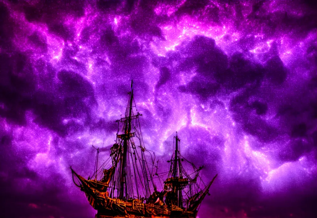 Image similar to purple color lighting storm with stormy sea close up of a pirate ship trippy nebula sky