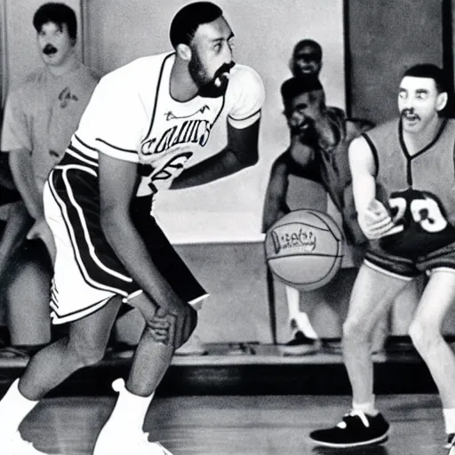 Image similar to candid shot of Wilt Chamberlain playing basketball with Looney Toons characters in Space Jam