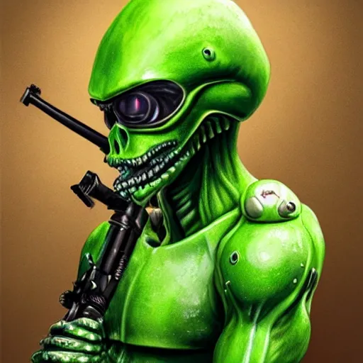 Image similar to hyper - realistic and detailed portrait of green alien soldier with tentacles and weapons