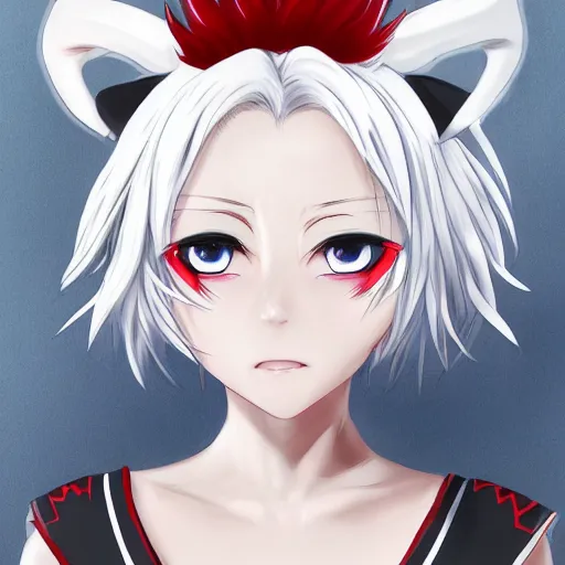 Image similar to white hair red eyes two small horn on the head anime style anime girl
