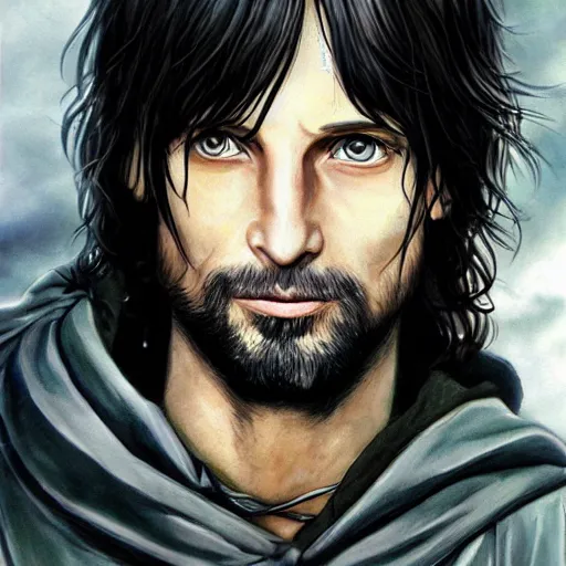 Prompt: full face portrait of aragorn in an anime world, incredibly detailed