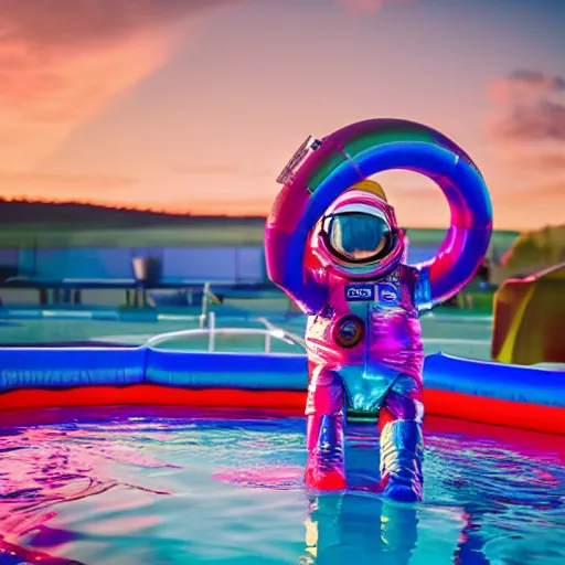 Prompt: spaceman in an inflatable ring in a swimming pool with a colored cocktail in hand at sunset time