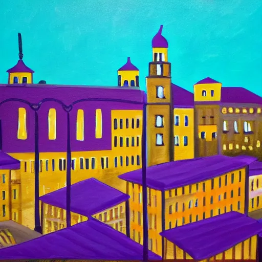 Image similar to painting of old town, horror, purple dim light, tiny houses and a big 8 floors building in the middle