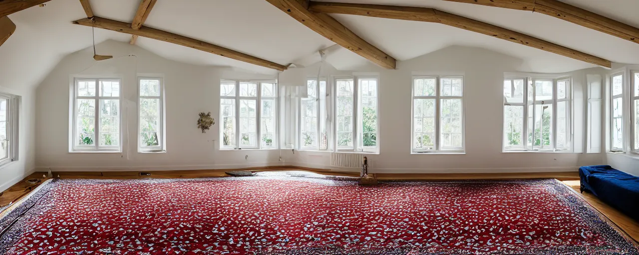 Image similar to low ceiling attic, white painted ceiling, with 2 rectangular windows opposing each other, with a large square window in the back right corner of the room, with exquisite turkish and persian rugs, polished plywood floor, XF IQ4, 150MP, 50mm, F1.4, ISO 200, 1/160s, natural light