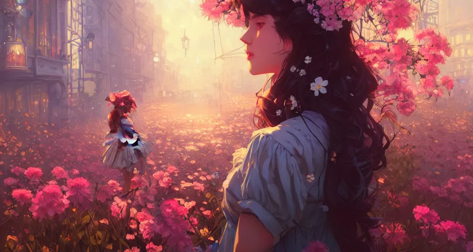 Image similar to a girl clothed in flowers behind a steampunk city, night setting. realistic shaded lighting poster by ilya kuvshinov katsuhiro, magali villeneuve, artgerm, jeremy lipkin and michael garmash, rob rey and kentaro miura style, trending on art station