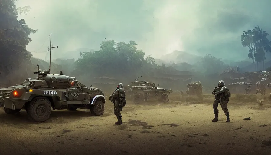 Image similar to a militarized police vehicle riding through a kerala village, troops searching the area, furious action scene, an epic fantasy, dramatic lighting, cinematic, establishing shot, extremely high detail, photorealistic, cinematic lighting, tending on artstation, solarpunk, matte painting, octane render, by simon stalenhag, horizon forbidden west, aesthetic