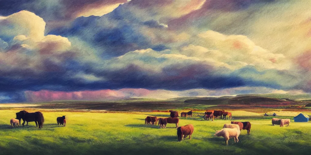 Image similar to a beautiful painting of a icelandic farm, one icelandic horses galloping, storm clouds gathering over the town, by studio ghibli 8 k pastel colours, isometric, six point perspective, drone shot, smeared watercolours, golden light, film grain