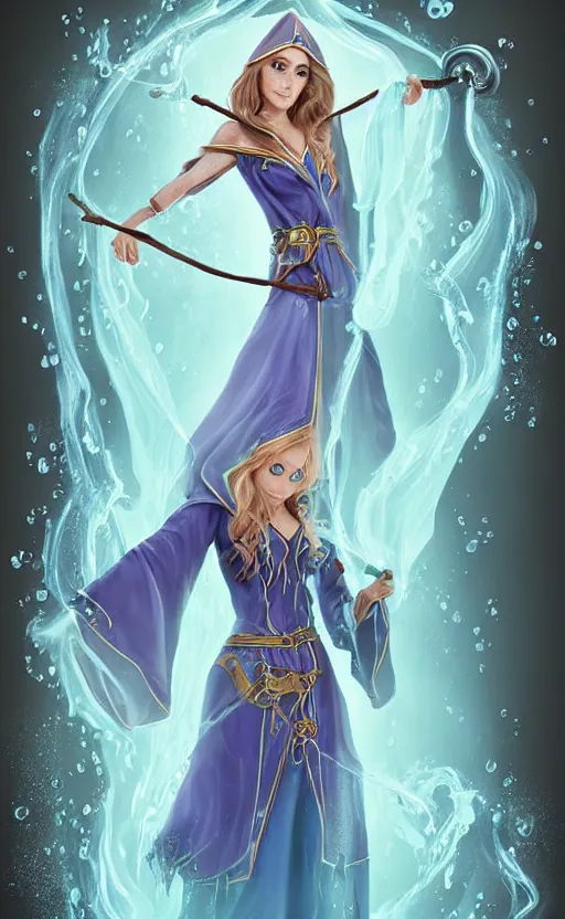 Image similar to elf female sorcerer doing water magic spells, blue robes, exquisite details, full body character design on a white background, by studio muti