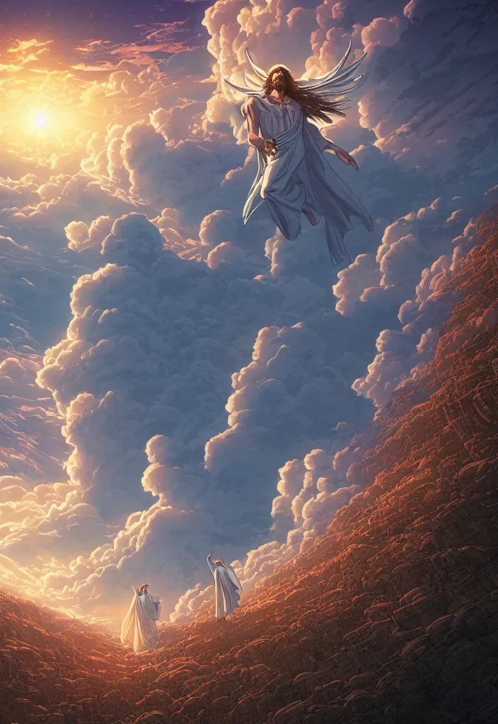 Image similar to the second coming of jesus by dan mumford, yusuke murata, makoto shinkai, ross tran, cosmic, heavenly, god rays, intricate detail, cinematic, 8 k, cel shaded, unreal engine, featured on artstation, pixiv