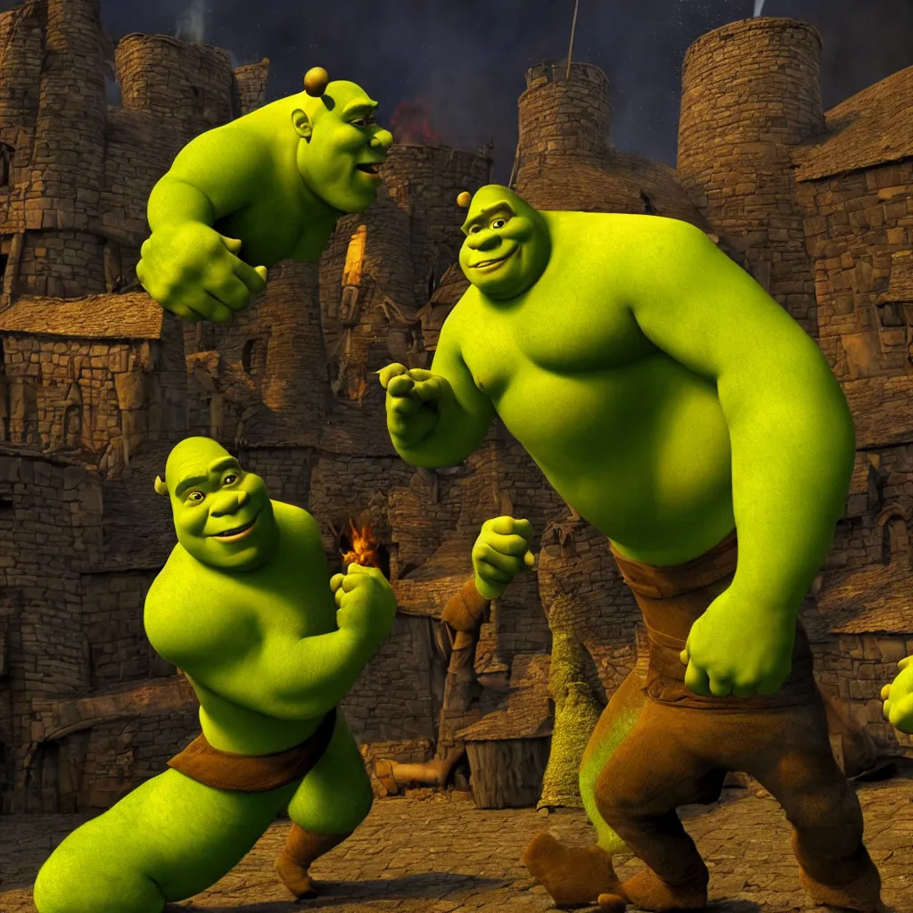 Image similar to shrek punching nuclear chimneys, destruction, chaos, 4 k, realistic, professional photography