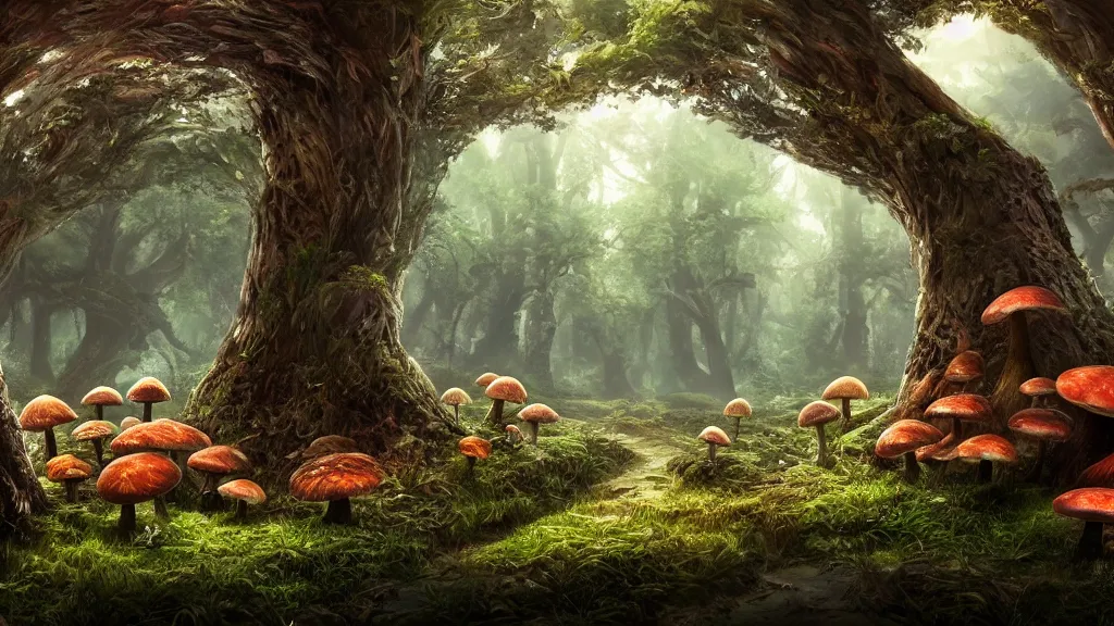 Image similar to mushroom forest, fantasy artwork, very very very beautiful scenery, hd, hdr, ue5, ue6, unreal engine 5, cinematic 4k wallpaper, 8k, ultra detailed, high resolution, artstation, award winning