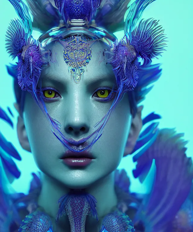 Image similar to symmetrical, centered, close-up portrait of goddess wearing crown made of betta fish, phoenix, bioluminiscent elements, intricate artwork by Tooth Wu and wlop and beeple. octane render, trending on artstation, greg rutkowski very coherent symmetrical artwork. cinematic, hyper realism, high detail, octane render, 8k