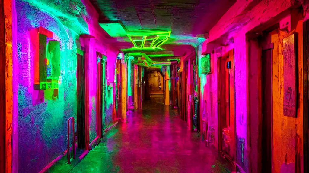 Image similar to detailed photograph of a extremely narrow nightclub hallway, neon colors, aztec architecture