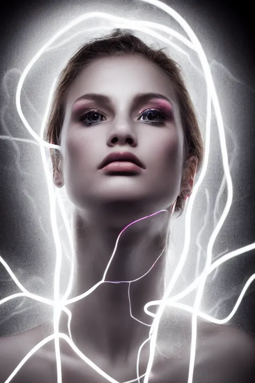 Prompt: a photographic portrait of a beautiful woman very fair complexion under the skin electric circuits and electric cables going into the skin, dramatic light , Rembrandt lighting scheme, photorealistic,photographed by Aleksandr Vinogradov , sigma art 85 mm, ultra detailed, dark background. beautiful image