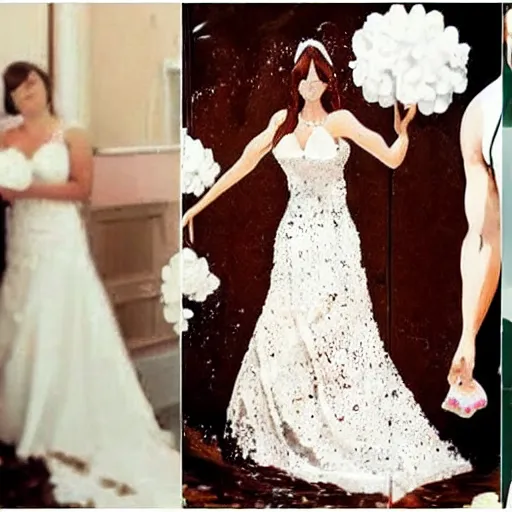 Prompt: a chocolate lava wedding cake spilling it's filling all over the bride's dress trending on TikTok