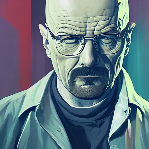 Image similar to walter white close - up, breaking bad, gta 5 cover art, borderlands style, cellshading, trending on artstation, by rhads, andreas rocha, rossdraws, makoto shinkai, laurie greasley, lois van baarle, ilya kuvshinov and greg rutkowski