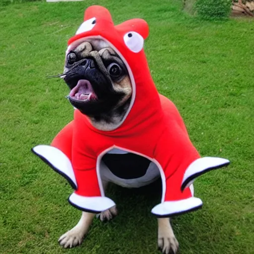 Prompt: a pug wearing a dinosaur costume, photo