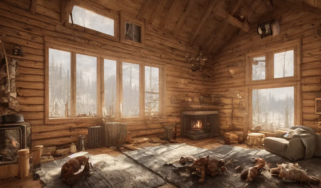 Image similar to cozy interior of a hunting cabin, fireplace, ascher clemens, home, interior, octane render, deviantart, greg rutkowski, cinematic, key art, hyperrealism, canon eos c 3 0 0, ƒ 1. 8, 3 5 mm, 8 k, medium - format print